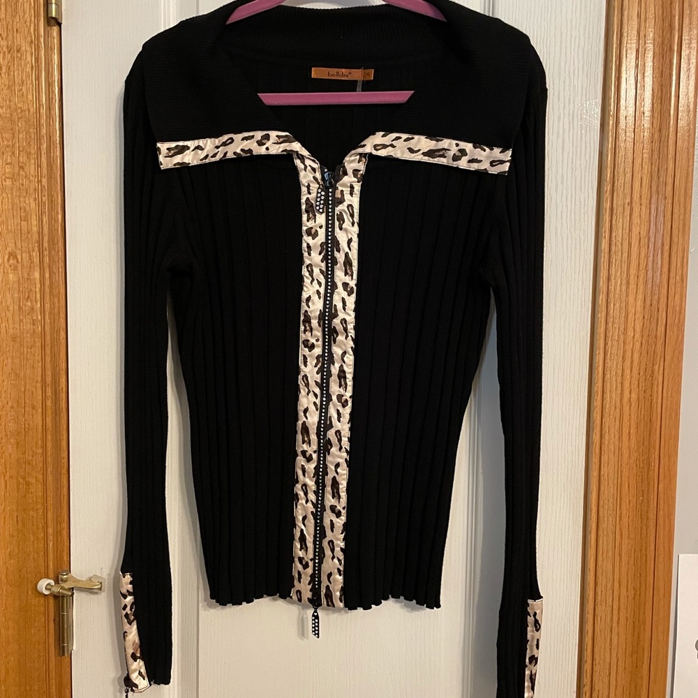 Black Zipper Jacket - Leopard Print & Rhinestones